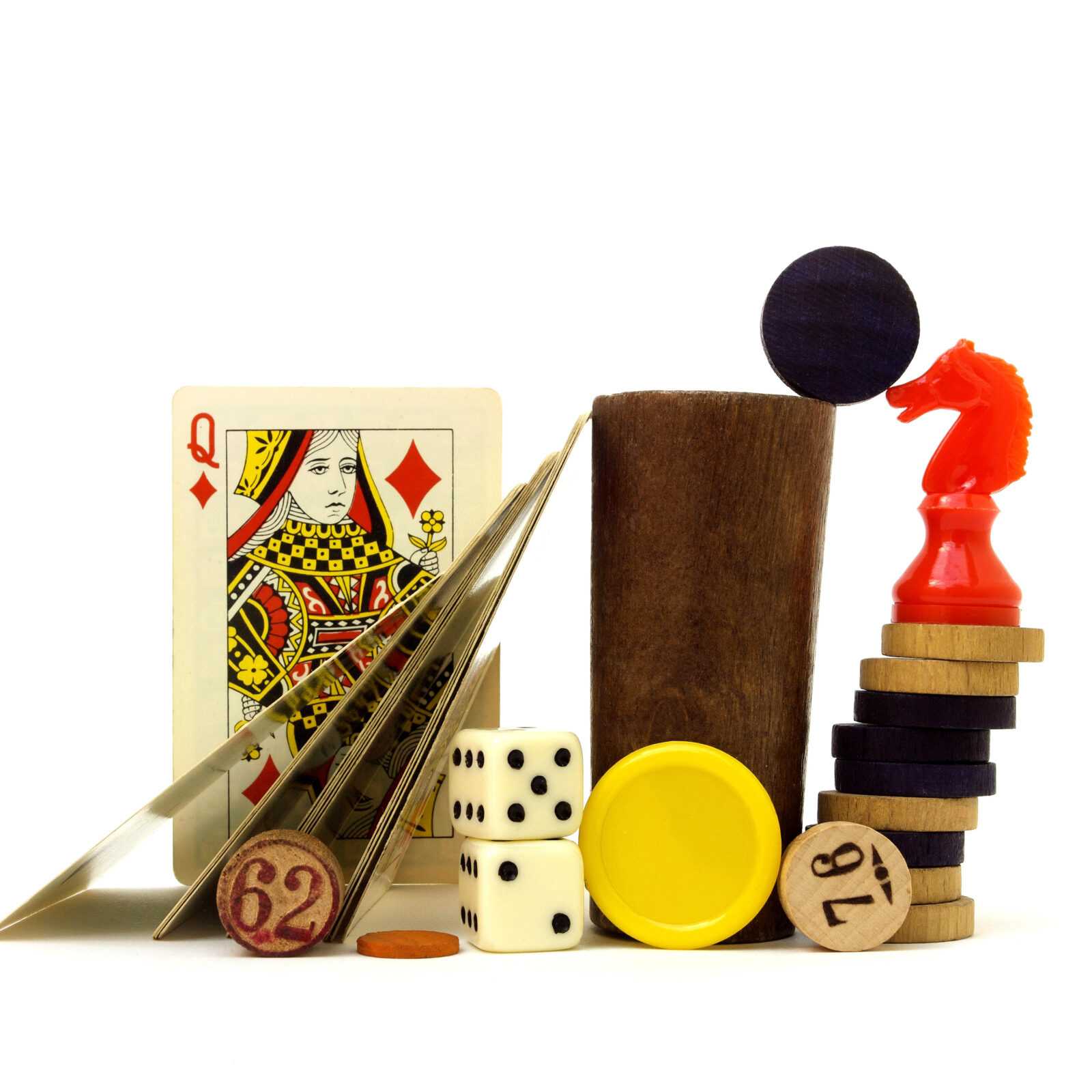 Closeup shot of board game figures isolated on the white background
